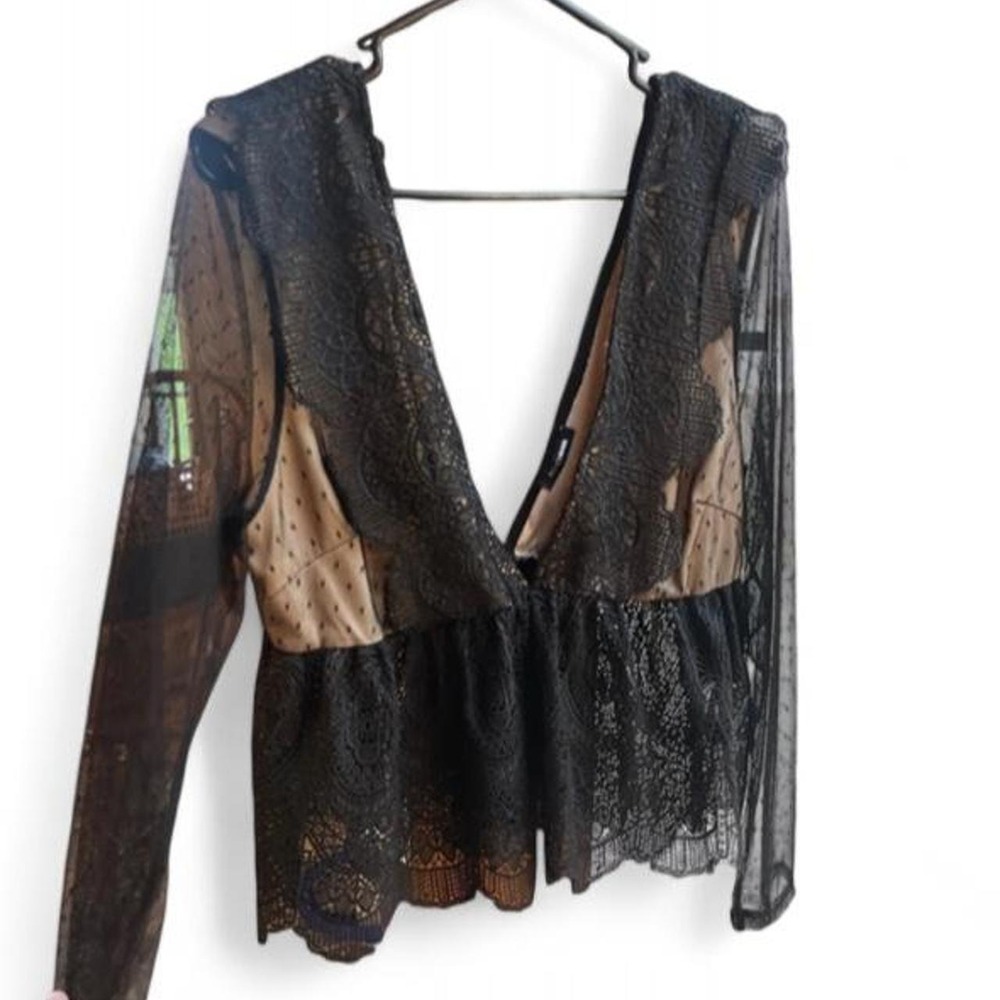 Fashion Nova Plus 1X There She Goes Top Black Mesh Lace Peplum Blouse DSA1695